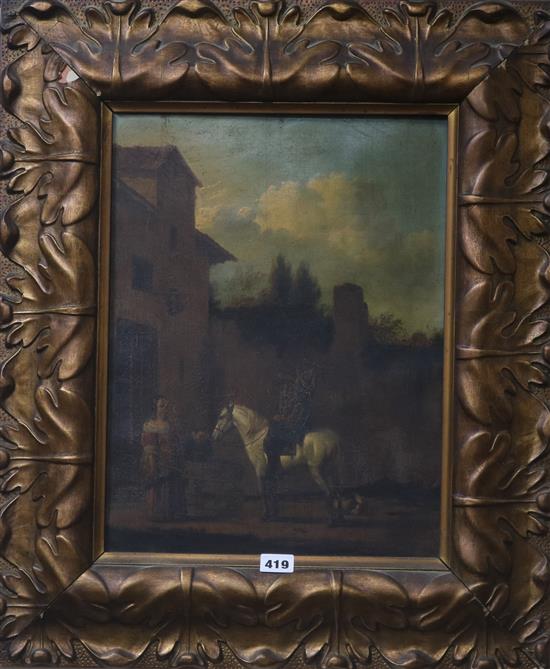 A 19th century Flemish School Horseman by tavern 42 x 32cm